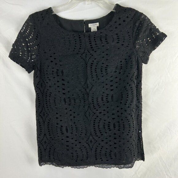 NWT J Crew Black Lace Top Size 00 Short Sleeve Eyelet Lace Blouse - Picture 1 of 12
